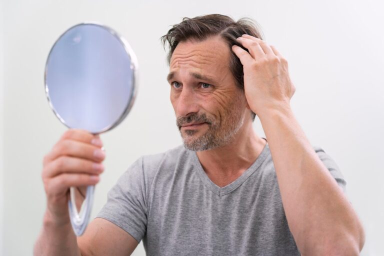a man looking at his hair using a mirror. it appears as though he might be losing hair.